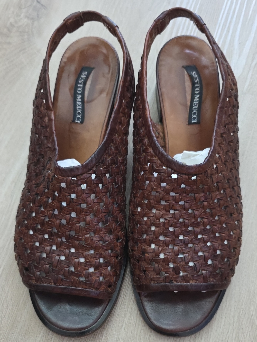 Vintage Sesto Meucci Brown Woven Leather Slingback Sandals Size 10 M Italy